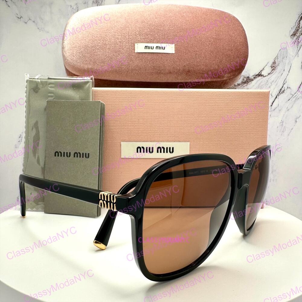 New MIU MIU Sunglasses MU B01S 16K90Q Black Brown Lens Oversized Pillow Square